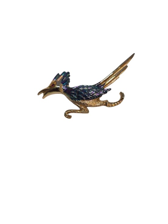 Jewelry - Vintage ULTRA Roadrunner Gold Tone Rhinestone Eye Enamel Signed Pin Brooch READ